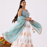 Foil Print Aqua Blue Chanderi Lehenga Set