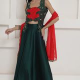 Dark Green Tafta Silk Lehnga Top And Dupatta Set