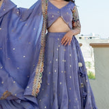 Bluish Lilac Tissue Embroidered Lehenga Set