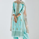 Light Blue Cotton Silk Ethnic Suit Set With Subtle Floral Design
