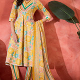 Mustard Yellow Cotton Floral Printed Kurta Set