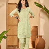 Light Green Cotton Hakoba Work Kurta Set
