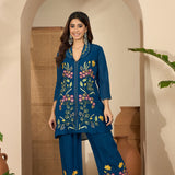Dark Blue Floral Embroidered Polyester Co-Ord Set
