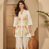 Pastel Cream Floral Embroidered Polyester Co-Ord Set