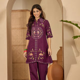 Dark Purple Floral Embroidered Polyester Co-Ord Set