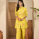 Bright Yellow Floral Embroidered Polyester Co-Ord Set