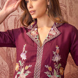 Dark Purple Floral Embroidered Polyester Co-Ord Set