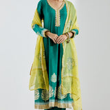 Dark Green Anarkali Set With Gold Lace Work