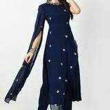 Navy Blue Georgette Floral Embroidered Kurti Set