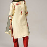 Cream Raw Silk Kurti With Pants And Dupatta