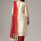 Cream Raw Silk Kurti With Pants And Netted Dupatta