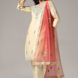 Cream Raw Silk Kurti With Pants And Netted Dupatta Set