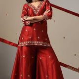 Maroon Raw Silk Kurti With Sharara And Net Dupatta