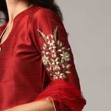 Maroon Raw Silk Kurti With Pants And Net Dupatta