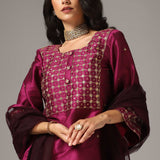 Purple Raw Silk Kurti With Palazzo Pants And Dupatta