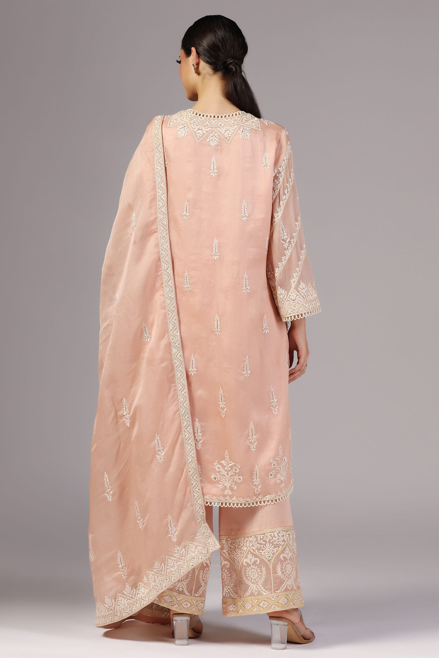 <img> Peach Pink Organza Thread Embroidered Kurti Set