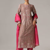 Dull Brown Chanderi Thread Work Kurti Set