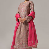 Dull Brown Chanderi Thread Work Kurti Set