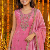 Blossom Pink Floral Embroidered Silk Kurta Set