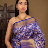 Bright Blue Floral Kanjivaram Silk Saree