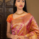 Golden Pink Floral Kanjivaram Silk Saree