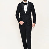 Black Three Piece Jacquard Suit Set With Bow