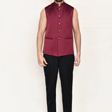 Maroon Jacquard Three Piece Suit Set