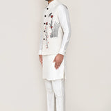 White Art Silk Kurta Set With White Cotton Jacket