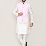 White Art Silk Kurta Set With Pink Cotton Jacket