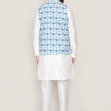 Off White Art Silk Kurta Set With Blue Jacket