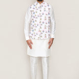 Milk White Art Silk Kurta Set With White Jacket