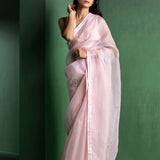 Piggy Pink Silk Organza Saree With Sequins Work