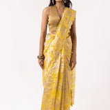 Bright Yellow Viscose Jacquard Saree With Scallop Border