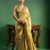 Ochre Yellow Chanderi Saree With Zari Stripes