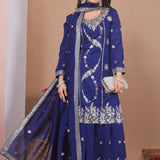 Dark Blue Floral Embroidered Georgette Sharara Set