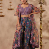 Bluish Grey Organza Floral Printed Indo-Western Co-Ord Set