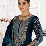 Emerald Green Velvet Embroidered Kurti Set