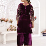 Dark Wine Velvet Embroidered Kurti Set