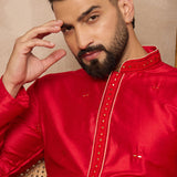 Red Cotton Blend Mirror Work Kurta Set