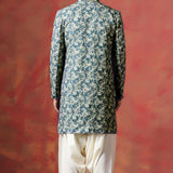 Blue Cotton Blend Printed Sherwani Set