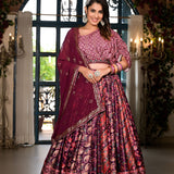 Wine Satin Printed Lehenga Set