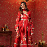 Bright Red Chinon Floral Printed Anarkali Set