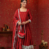 Maroon Cotton Floral Printed Anarkali Set