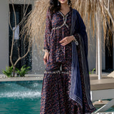 Navy Blue Brasso Floral Printed Sharara Set