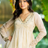 Pastel Cream Tissue Solid Anarkali Set