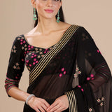 Black Chiffon Floral Embroidered Saree