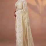 Soft Beige Thread Embroidered Organza Saree