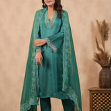 Teal Green Russian Silk Solid Kurti Set