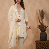 Off White Russian Silk Embroidered Kurti Set