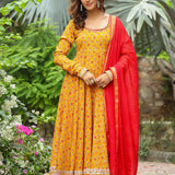 Corn Yellow French Crepe Printed Anarkali Set